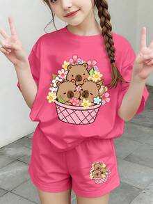 2pcs/Set Teenage Girls Round Neck Short Sleeve T-Shirt With Capybara Print + Cartoon Shorts, Summer Girls Outfit - Hot Pink - View 4