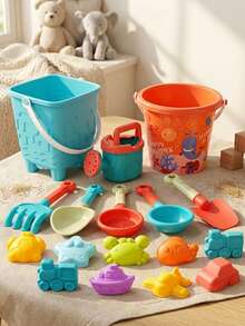 14/16Pcs Kids Beach Toy Set – Durable Plastic Sand & Water Play Kit With Beach Bucket, Watering Can, Digging Tools & Molds (Fish/Boat/Car/Crab/Turtle/Star/Train/Seahorse), Ideal Summer/Birthday Gift, Beach Pool Sand Digging & Water Fun - Multicolor - View 3