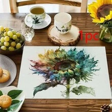 1/2/4/6/8PCS Floral Placemats,45*30cm,2 Prints: Sky Cloud Zinnia Painting & Watercolor Gradient Sunflower. 100% Polyester, Fade/Water/Stain/Heat Resistant, Machine Washable & Durable For Home Dining Decor. - Multicolor - View 21