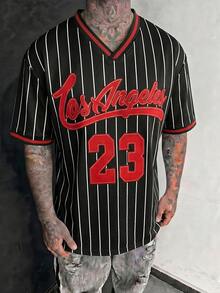 FRACTYR 男士夏季休閒街頭風復古V領T恤，洛杉磯 No.23 細條紋棒球球衣印花，寬鬆透氣親膚短袖休閒T恤 - 紅色 - 查看 2
