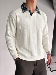 Blueprint Man 1pc Men's Polo Shirt, Apricot 3D Cable Knit Body, Plaid Patchwork Collar, V-Neck Placket, Comfortable Skin-Friendly Soft Anti-Pilling Knit Fabric, Old Money Vintage Casual Style, Spring/Autumn Commute, Shopping, Travel - Apricot - View 6