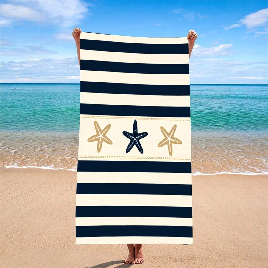 1件超柔軟快乾沙灘巾,海軍藍與白色條紋配3顆海星圖案 - 防沙、超強吸水微纖維,適合泳池、露營、瑜珈、潛水 - 熱帶風格,完美旅行必備,瑜珈巾 | 鮮豔沙灘巾 | 快乾面料 - 彩色 - 查看 1