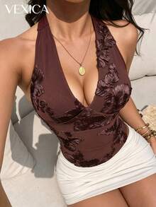 Top halter elegante con aplique floral para mujer de Vexica, top de malla marrón sexy, adecuado para vacaciones, cena de invitada de boda y uso diario - Marrón - Ver 4