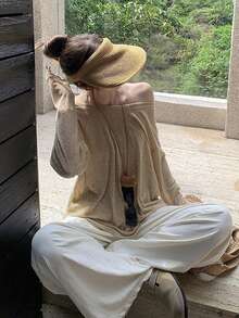 2pcs/Set Long Sleeve T-Shirt & Tank Top, Thin Casual Loose Versatile - Khaki - View 5