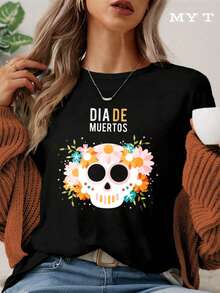 MYAZULT 1 Piece Women's Soft Cotton T-Shirt With Floral Sugar Skull Design For Day Of The Dead, Vibrant Mexican Day Of The Dead Theme,  Clothing For Halloween And More - 黑色 - 查看 2