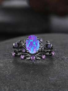2pcs/Set Vintage Purple Oval Cut Synthetic Opal & Leaf Design Gunmetal Black Plated Rings, Suitable For Holiday Parties And Daily Wear, All Seasons - Purple - View 9