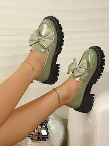 Plus Size Women's Green Thick Sole Chunky Heel Loafers With Large Bow Decor, Round Toe Low-Top Sweet Cool Academy Style Spring Autumn Shoes - Dark Green Bow - View 6