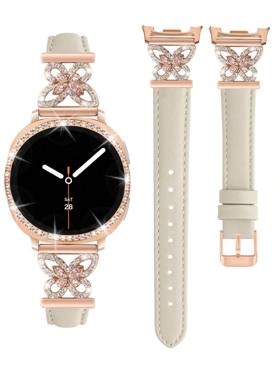 Galaxy Watch 8 錶帶 + 錶殼，1件星光色女士珠寶鑲嵌人造鋯石金屬優雅錶帶 + 1件亮面款（不含螢幕保護貼）。相容 Galaxy Watch 8 40mm 與 44mm 錶殼，相容 Galaxy Watch 8 錶帶，可調節替換錶帶配件。適合男女運動錶帶