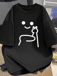 2026 Oversize T-Shirt für Herren & Damen mit lustigem Strichmännchen-Friedenszeichen-Aufdruck - Kurzärmeliges Freizeit-Streetwear-Oberteil mit Rundhalsausschnitt - Schwarz - Übersicht 1