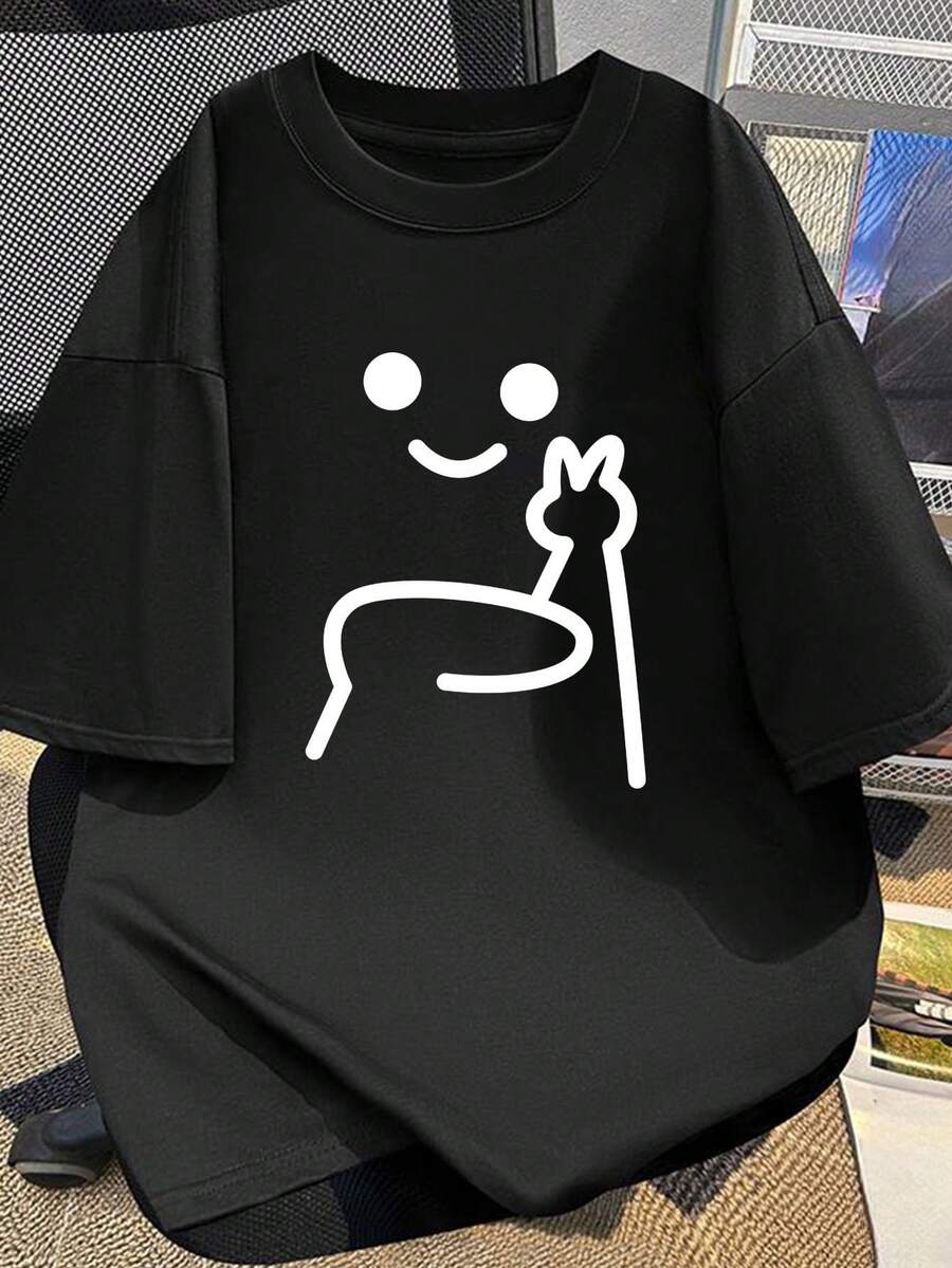 2026 Oversize T-Shirt für Herren & Damen mit lustigem Strichmännchen-Friedenszeichen-Aufdruck - Kurzärmeliges Freizeit-Streetwear-Oberteil mit Rundhalsausschnitt - Schwarz - Übersicht 1