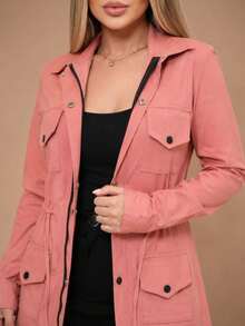 Women's Bengaline Parka Coat With Drawstring, Pockets, And Buttons - Rusty Rose - View 5