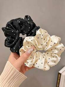 2pcs/Set Premium French Elegant Elegant Black And White Polka Dot Satin Hair Scrunchies, Suitable For Hair Buns, Multi-Functional Hair Accessories, Hair Ties, Hair Bands - Multicolor - View 8