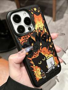 1pc Cartoon Exploding Cat Pattern Black Lychee Texture Matte Full Coverage TPU Shockproof Fashion Phone Case Anti-Fingerprint Protective Cover Compatible With IPhone 11 12 13 14 15 16 17 Pro Max/Plus 7/8/Air Exquisite Gift - Multicolor - View 2
