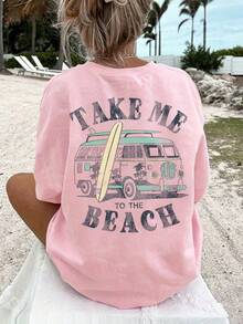 Take Me Beach復古夏季、復古海灘夏季衝浪之旅、給女孩的禮物、寬鬆大號圓領短袖T恤休閒款 - 淺杏色 - 查看 1