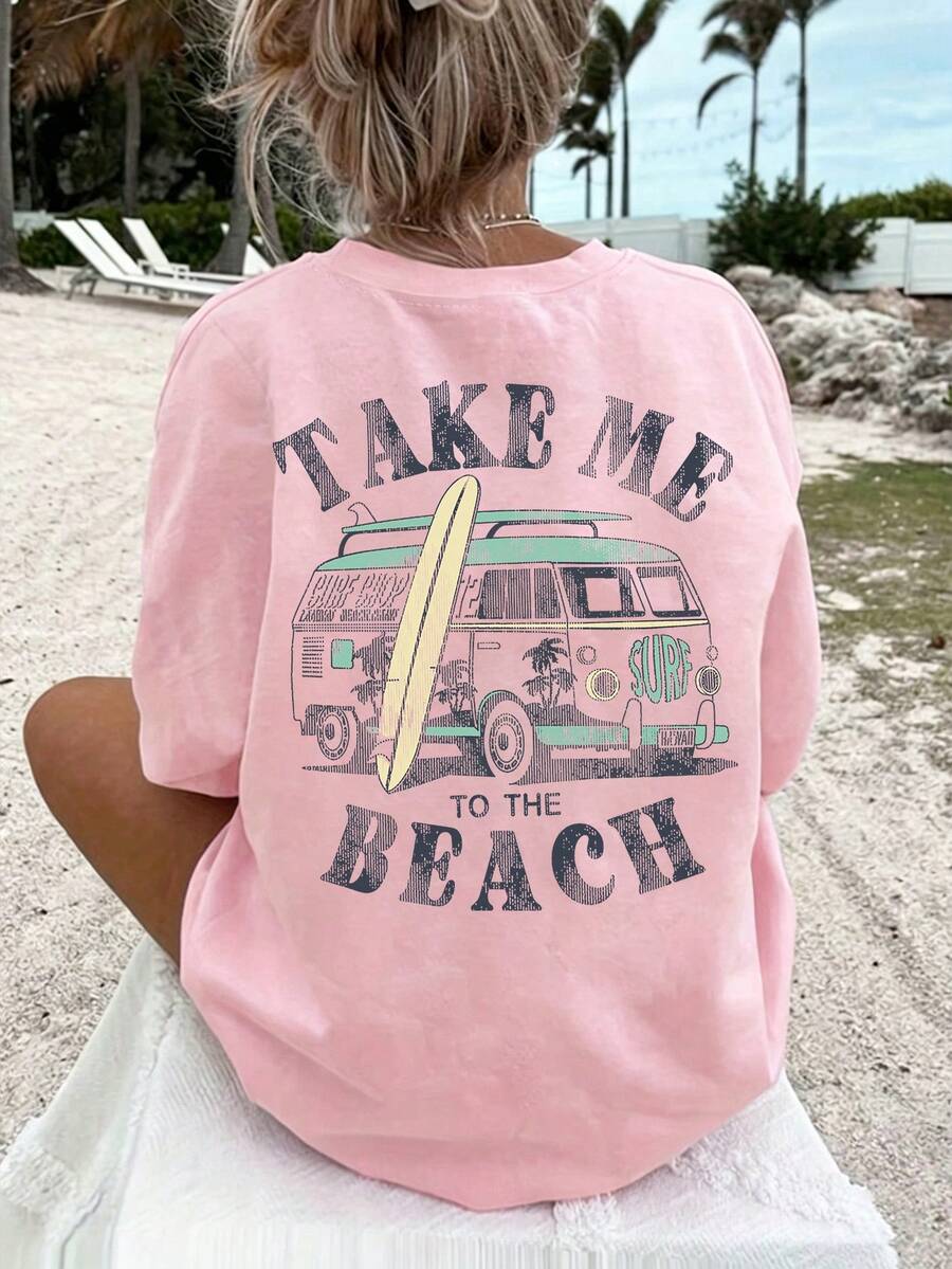 Take Me Beach復古夏季、復古海灘夏季衝浪之旅、給女孩的禮物、寬鬆大號圓領短袖T恤休閒款 - 淺杏色 - 查看 1
