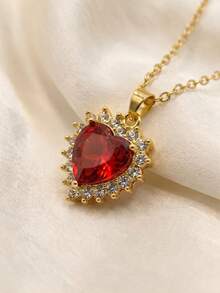 1 pezzo Collana elegante da donna con ciondolo a forma di cuore rosso, catena in acciaio inossidabile dorato, adatta per San Valentino, Festa della Mamma e compleanni - Rosso - Visualizzare 6