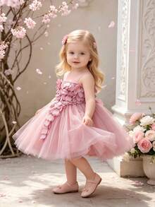 Baby Girls Round Neck Sleeveless Heart Mesh Flower Girl Dress, Headband Not Included - Dusty Pink - View 3