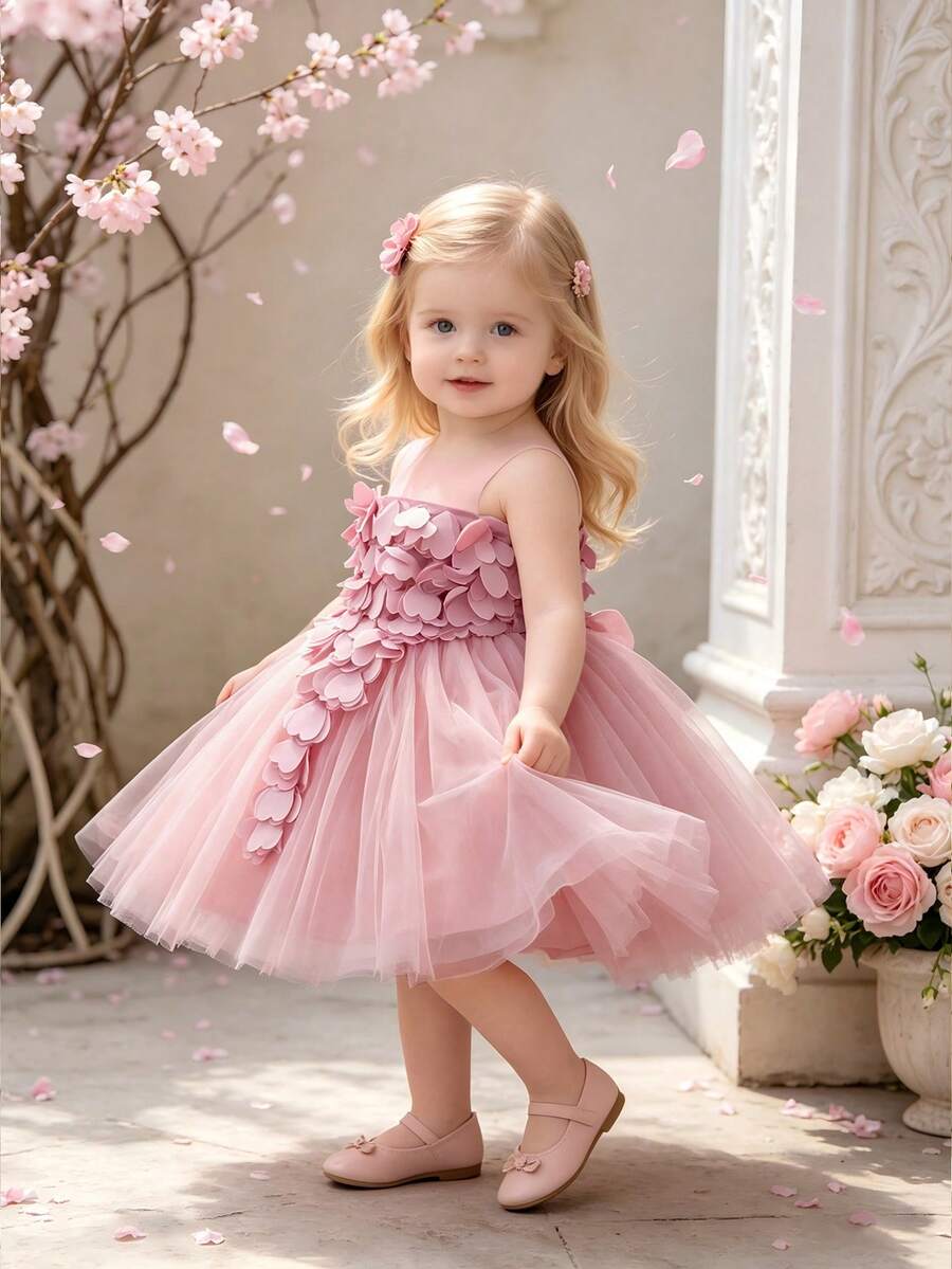 Baby Girls Round Neck Sleeveless Heart Mesh Flower Girl Dress, Headband Not Included - Dusty Pink - View 1