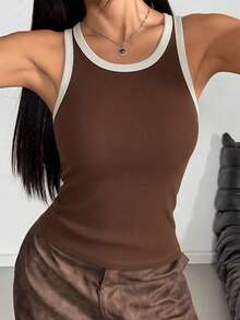 1pc Women's Basic Minimalist Casual Contrast Trim Ribbed Knit Tank Top, Round Neck Sleeveless Slim Fit Brown Camisole - Coffee Brown - View 2