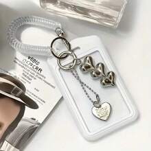 1pc Card Holder With Keychain - Cute And Practical Plastic Design, Suitable For Storing ID Cards, Credit Cards And Keys - Black And White Heart Pendant, Durable And Fashionable Women's Accessory - Heart-shaped Pendant + Spring + Card Holder - View 11