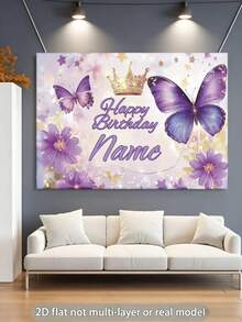 Customizable Purple Butterfly Happy Birthday Backdrop, Purple Butterfly With Gold Trim, Shiny Crown Floral Design, Suitable For Baby Shower, Cake Table Background, Photography Prop Vinyl Banner - Purple - View 7