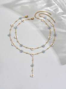 2pcs Women's Double Layered Flower Necklace, Niche Design, Fresh And Versatile, Suitable For Daily Wear And Travel - Gold - View 4