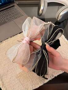 1件女款高級黑色框架網布髮夾，金色飾邊歐根紗大蝴蝶結香蕉夾緞面絲帶馬尾垂直夾，溫柔日常女性髮飾，甜美時尚風格，適合固定高馬尾髮型，優雅奢華，適用於學校、派對、芭蕾表演或日常穿著，也可作為穿衣時的固定夾或用於各種節日與生日慶祝，髮爪 - 彩色 - 查看 3