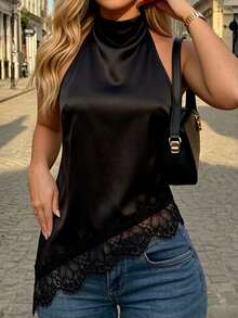 Women's Spring/Summer New Solid Color Lace Patchwork Halter Neck Backless Elegant Sexy Blouse Tank Top For Casual , Outings, Vacations And Beach Black - Black - View 3