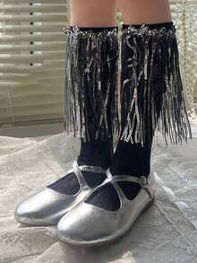 1 Pair Of Girls' Tassel Dance Socks – Sequined Tassel Mid-Calf Socks; Stylish, Versatile, And Suitable For All Seasons, Socks For Girls, Girls Socks - Multicolor - View 5