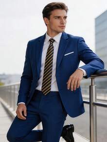 WindsorQuad 男士兩件式西裝套裝，優雅純色單排扣長袖修身西裝外套與領帶套組，適合派對、婚禮、商務、舞會，老錢風 - 寶藍色 - 查看 10