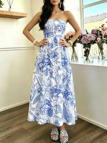 Vestido Maxi Tubo Elegante de Fiesta Casual con Estampado Completo y Plisado para Vacaciones de Verano para Mujer - Azul - Ver 5