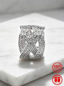 1 chiếc nhẫn bạc Sterling 925 dệt vân nhiều lớp, size 6-10, đeo hàng ngày cho nữ, lựa chọn quà tặng Valentine, kèm hộp quà - Bạc - Xem 2