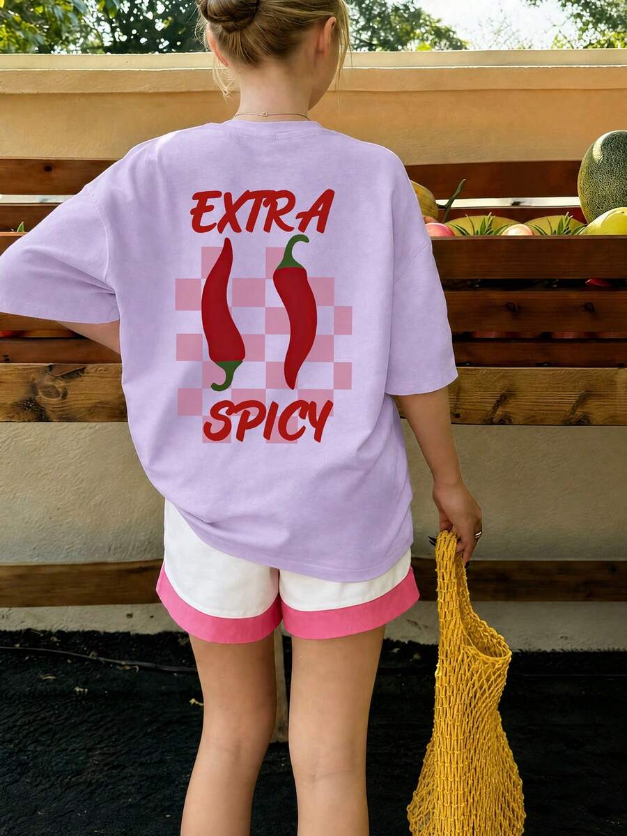 1pc Tween Girl Oversized Summer Tee, Eggplant Purple Chili Pepper Checkerboard Letter Print Short Sleeve Casual Breathable Round Neck Top, Daily Wear & School - Purple - View 1