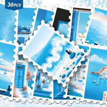 36pcs Mediterranean Blue Summer Stickers Pack | Aesthetic Santorini Ocean Village Scene With Black Cat Graphics | Vinyl For Journaling & Scrapbooking - Rectangle - View 1