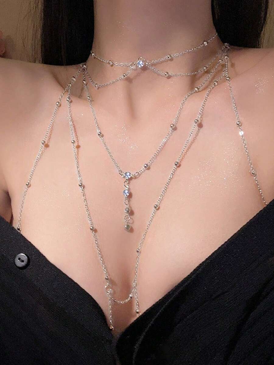 2pcs/Set Body Chain & Collarbone Chain Set, Versatile Sexy Sexy Body Chain, Bikini Chain Collarbone Chain With 3D Sparkling Rhinestones Body Chain Accessory - Necklace Body Chain Set - View 1