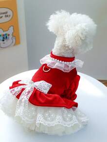 PETCIRCLE 1pc Pet Clothes Small Dog Puppy Spring Autumn Cute Pet Multi-Layer Tulle Tutu Dress Bow Velvet Formal Dress - Red - Red - View 2