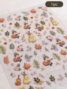 1件刺繡復古吉他兔子花卉透明貼紙，防水PET材質，可移除不留殘膠，DIY裝飾貼紙適用於無反相機/筆電/手機殼/拍立得相機/水壺，森林風藝術材質貼紙 - 小兔子貼紙 - 查看 4