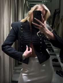 TF.MLN Women's Fashion Solid Color Napoleon Short Jacket, 2026 Spring New Arrival, Stand Collar Short Jacket, Long Sleeve Street Style Cool Top Black - Black - View 4