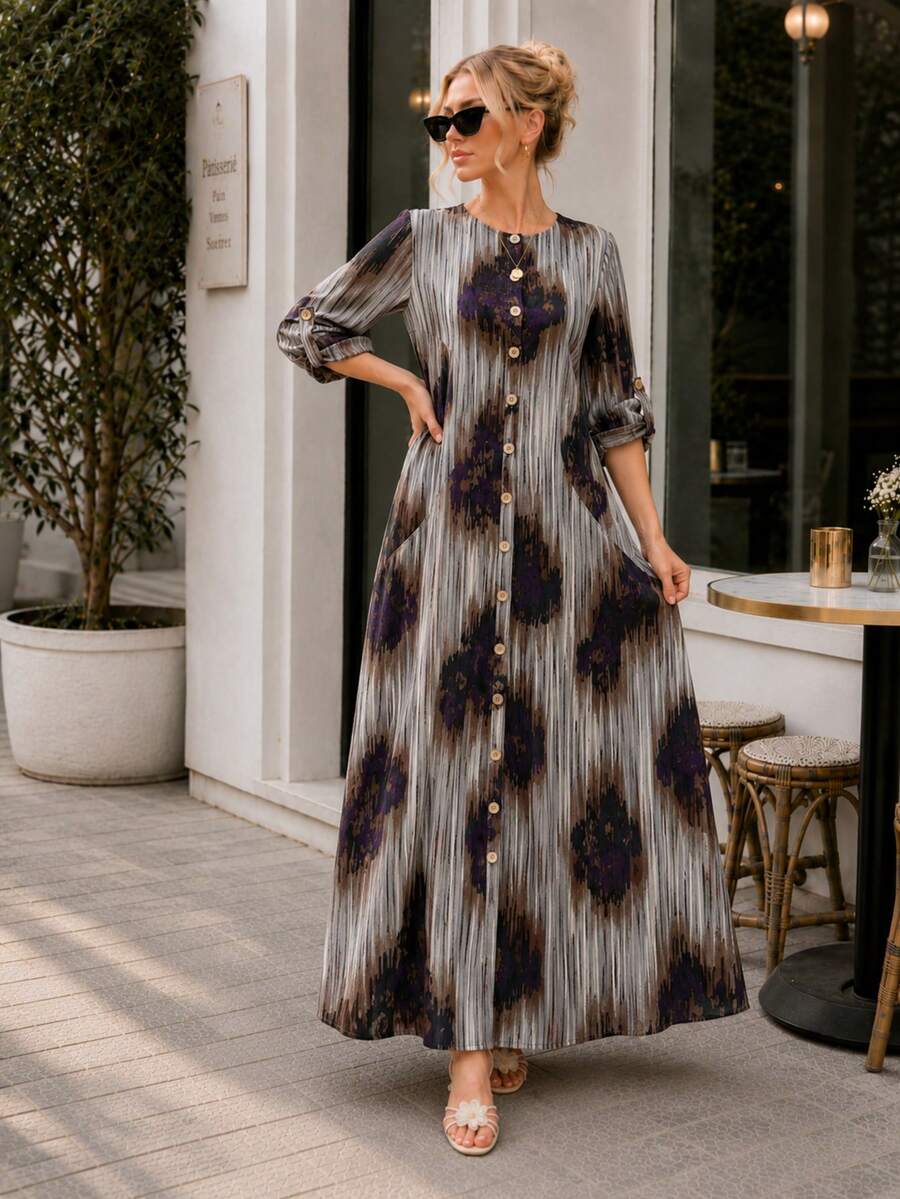 Plus Size Printed Maxi Dress for Women Long Sleeve Button Down Bohemian Casual Dress with Pockets - 紫色 - 查看 1