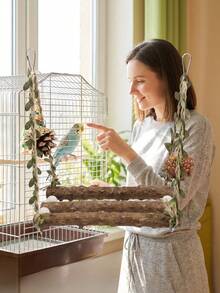 Natural Parrot Perch Swing With Bark, Pine Cone And Vine Leaves, Mori Style, Hemp Rope Hanging, Easy Installation, For Small To Medium Parrots, Cockatiels, Lovebirds, Peony Parrots, Cage Accessory For Claw Grinding, Resting, Boredom Relief And Enrichment, Intelligent Bird Toy - View 7