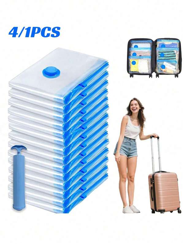 4/1pcs Reusable Vacuum Compression Bags With Hand Pump, Suitable For Travel And Home Storage, Space-Saving