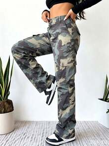 Women's High-Waisted Camo Cargo Pants, Straight-Leg, Slimming & Versatile, Stylish Daily Casual Essential, Great Valentine's Day Gift - 綠色 - 查看 10