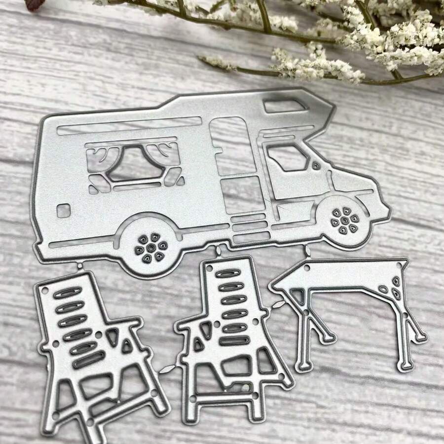 Vacation RV & Table Chair Metal Cutting Dies For Scrapbooking - Durable DIY Scrapbook Photo Album Decoration Paper Card Cutting Template, Card Making Supplies - Silver - View 1