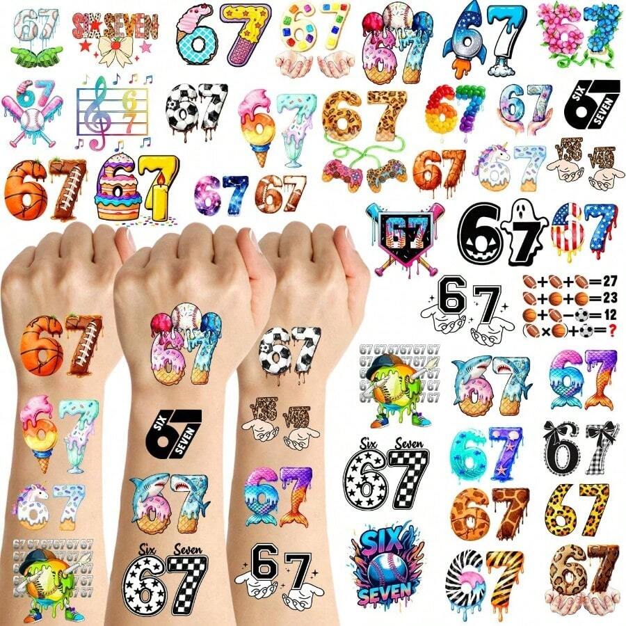 114 pegatinas de tatuajes temporales divertidos Six Seven 67, 15 hojas de pegatinas de tatuajes temticos Six Seven 6 para decoracin de fiestas de adultos. - Multicolor - Ver 1