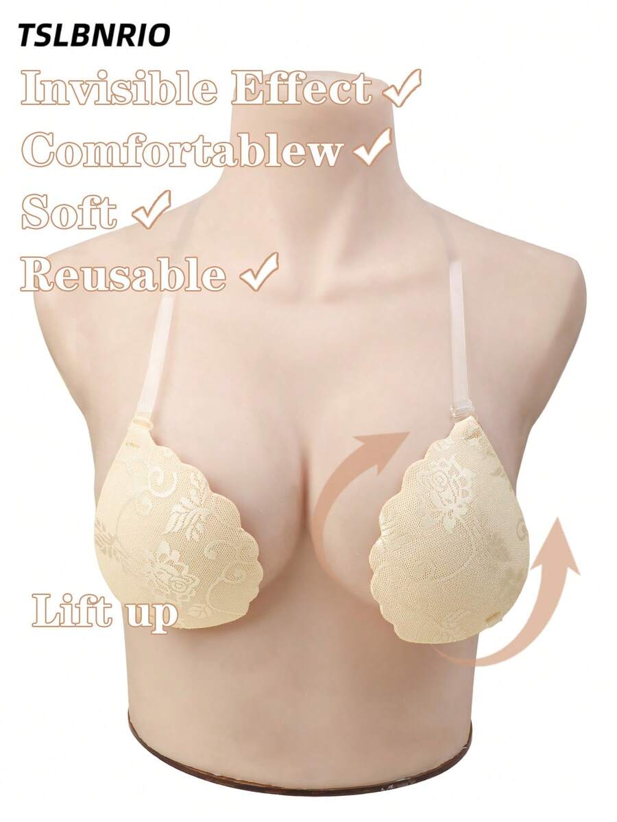1 Pair Y2K Deep V Push-Up Invisible Self-Adhesive Bra, Exquisite Lace Covered, Stable Lifting Fitted Bra, Transparent Adjustable Straps, Sticky Bra, Strapless Bra - Multicolor - View 1