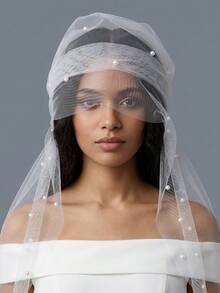 Voile long en tulle avec nœud et perles, accessoire de tête ruban de mariée multifonction, écharpe de cou de mariage pour la mariée, séance photo d'élopement - Blanc - Voir 4