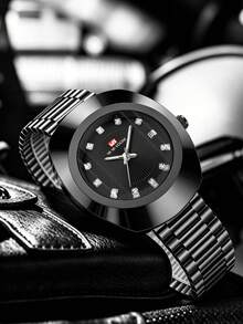 VA VA VOOM 男士石英腕錶，奢華金色不鏽鋼錶帶，40mm 橢圓錶盤配水鑽刻度，原裝計時，日曆功能，商務風格，時尚百搭，適合工作、派對、學校及其他場合，男士節日禮物腕錶 - 黑色 - 查看 3