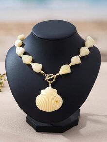 1 Stück Ozean-Stil Dopamin Acryl Muschel-Anhänger Halskette, geeignet für Damen Sommer Strandurlaub Party Kleidung - Hülse - Übersicht 8