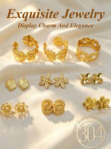 Juego de 5/9 piezas, Juego de joyas de acero inoxidable lujoso y elegante para mujer, Juego de joyas de tono dorado premium, Juego de pulsera y aretes minimalista de moda, Incluye aretes con forma de flor y hoja y pulsera con forma de flor, Varios estilos, Juego de aretes hipoalergénicos, Versátil y elegante, Opción de regalo perfecta para amigas en vacaciones. - Conjunto de joyas - Ver 2