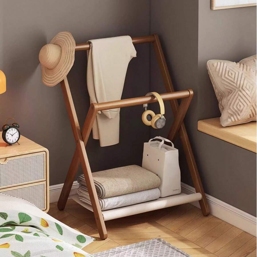 Nordic Foldable Bamboo Coat Rack, Floor-Standing Clothes Rack With Double Hanging Rods For Tops And Scarves, Bottom Shelf For Bags, Shoes And Socks, Stable X-Shaped Structure With Strong Load-Bearing Capacity, Suitable For Bedroom, Entryway And Rental Homes, Enhances Home Ambiance - Multicolor - View 1